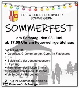 Sommerfest - Freiwillige Feuerwehr Schweigern Plakat